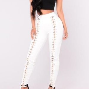 White lace up jeans